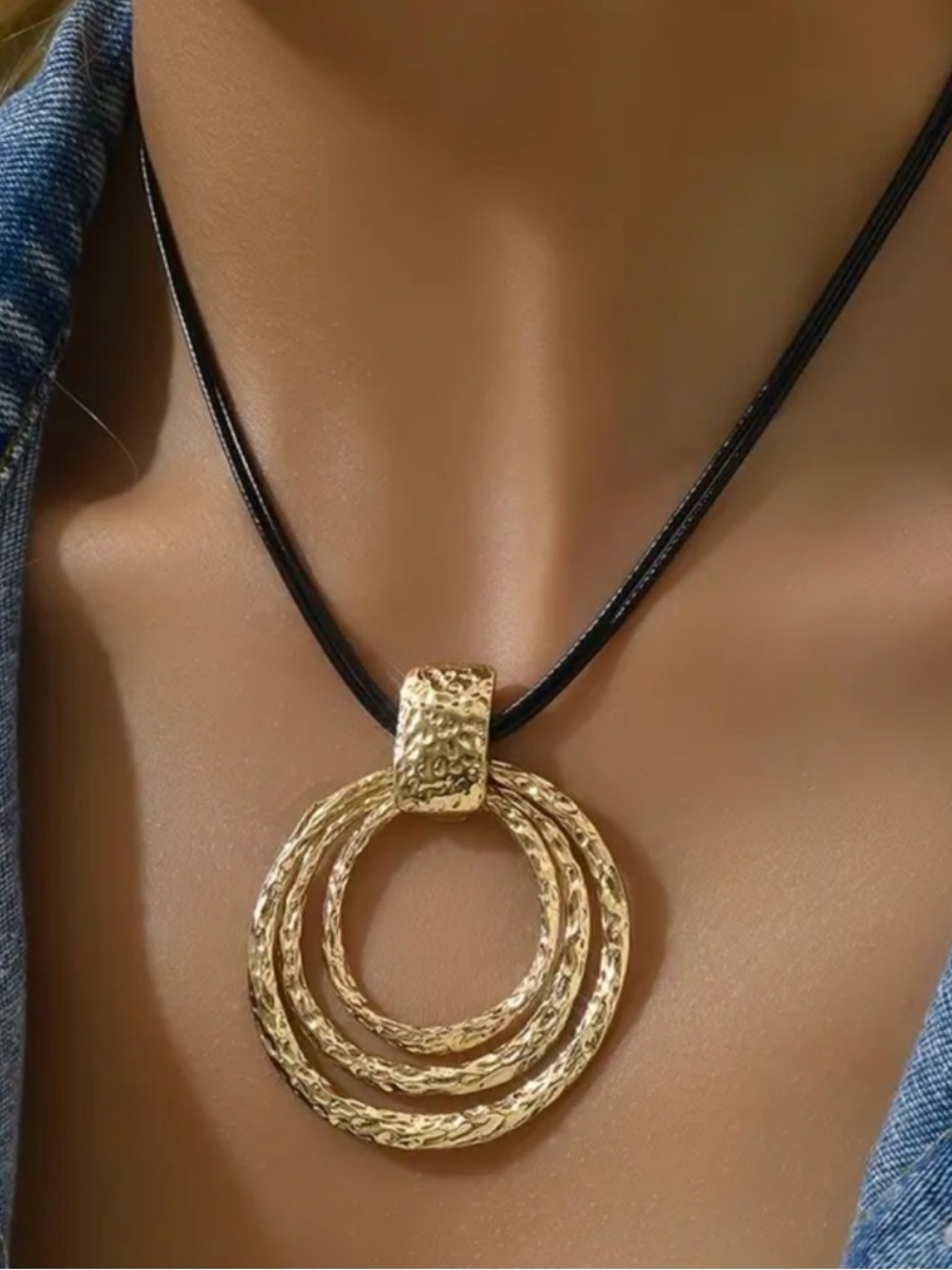 Gold Tone Triple Ring Pendant Necklace on Black Cord New